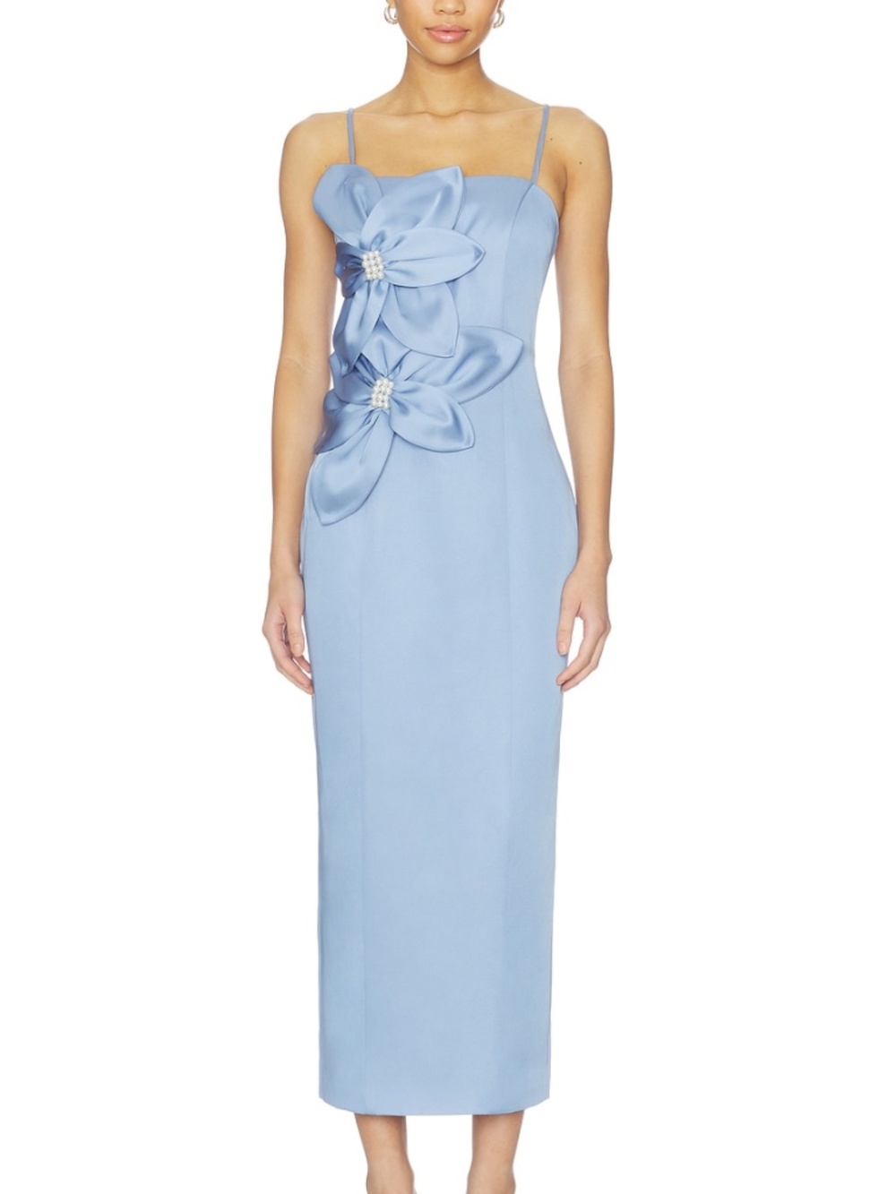 Elliatt Lunelle Stone Blue Column Floral Flower Midi Dress Satin Pearl- SMALL